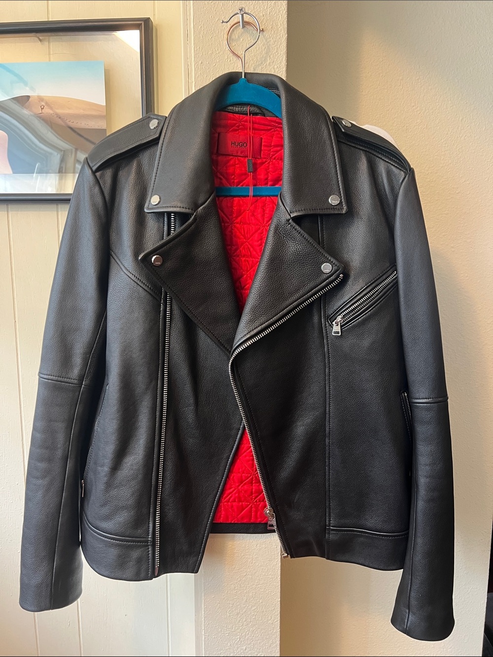 HUGO Black Leather Moto Jacket with Red Quilted Lining
